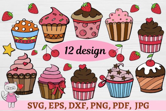 Cute Set Cupcakes Clipart - Vector