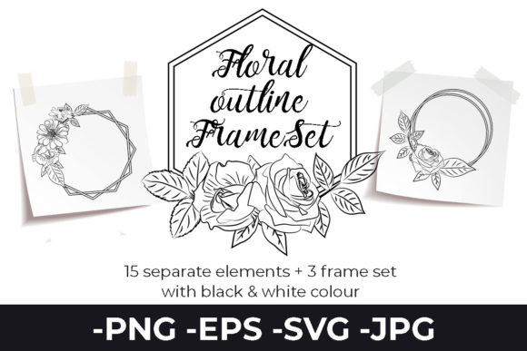 Line Drawing Flowers Set Frame Graphics for Crafts